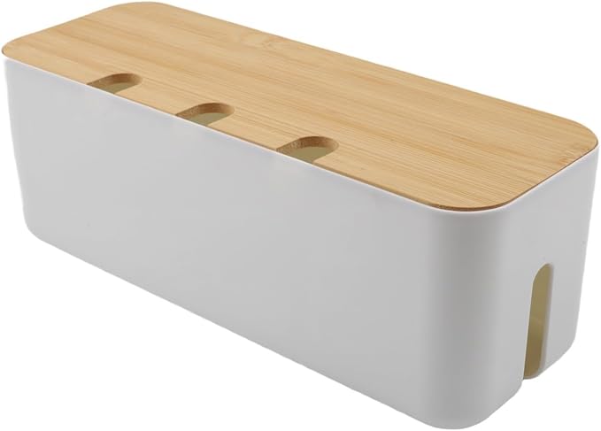 FABULETTA Desktop Cord Organiser Box with Wooden Lid, Cable Management Solution for Power Strip Hider, ABS Plastic Wire Storage Container and Junction Box Cover for Home Office Use(white)