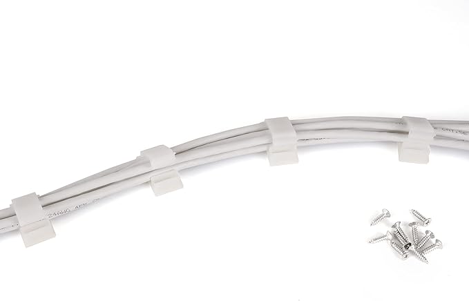 Cable Clips White with 3M Adhesive, Multipurpose Small Wire Clamps for Cable Management and Cable Runs - 50 Pack Black Bundled with 10 Reusable Cable Ties, Screws Included for Permanent Mounting