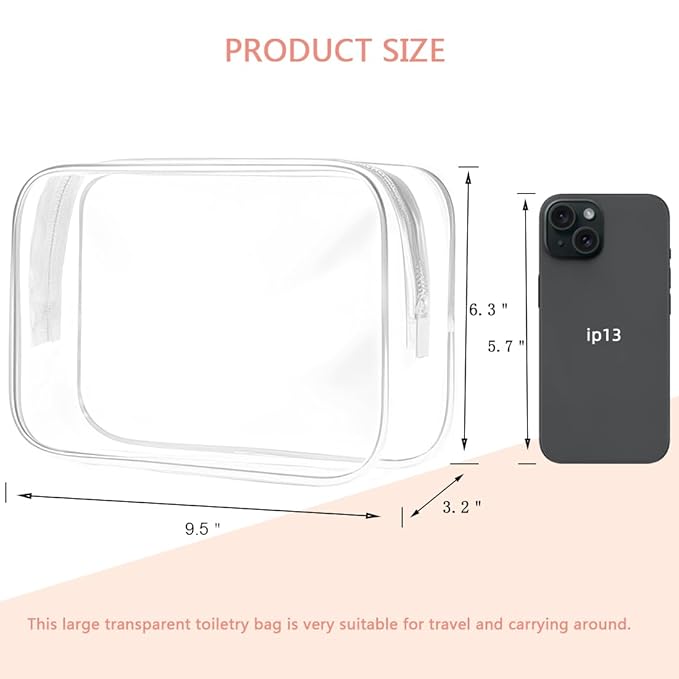 TRODANCE Clear Toiletry Bag, 2 Packs TSA Approved Water resistant Travel Organizer, Airport Airline Travel Essential Carry On Makeup Cosmetic Bags for Women, White - 2 packs