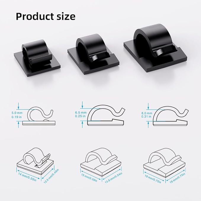 100 PCS Adhesive Cable Clips Cord Organizer (Small, Medium,Large),Wire Holder for Cable Management, Outdoor Light Clips Light Hooks for LED String,Car Dash Cam, Extension Cord (Black)