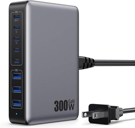 USB C Charger 300W USB C Charger Block,Upgraded GaN IV 8-Port Fast Charging Station Hub,PD 100W Laptop Charging Adapter Compatible with MacBook Pro/Air,DELL,Steam Deck,iPhone 16/15/14,Galaxy S23/22