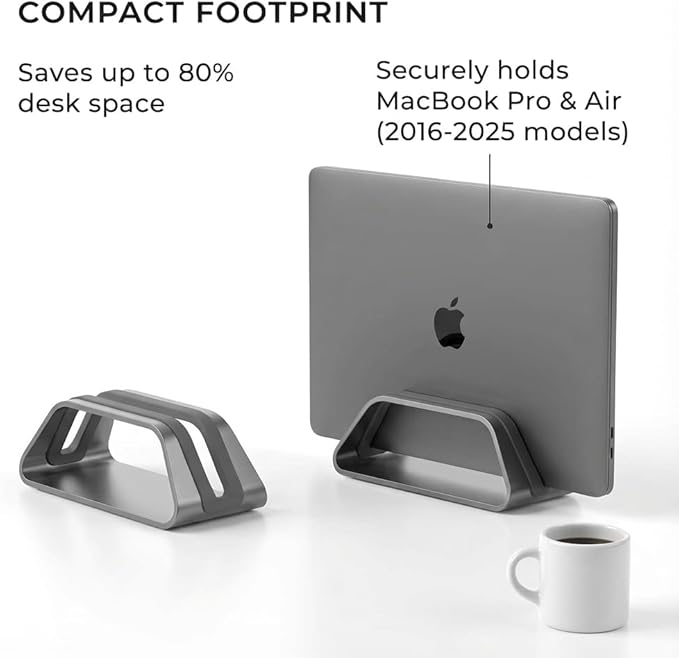 HumanCentric Vertical Laptop Stand Compatible with MacBook Pro and MacBook Air, Holder for Personal Computer Desk Stand, Aluminium, Exchangeable Inserts to Fit Different Device Models, Space Grey