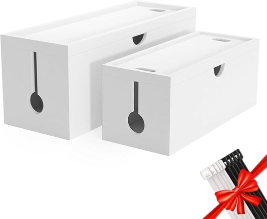 Bamboo Cable Management Box, Large Cord Organizer Box Cable Box to Hide Wires & Power Strips for Desktop Storage Cord Holder for Office Home,No Assembley Required (All White, 2 Packs(M+L))