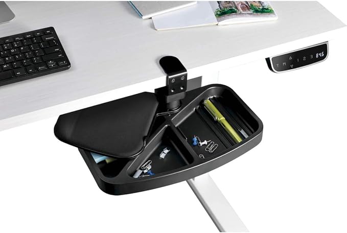 TRIPP LITE Under Desk Storage Tray Clamp-on Storage Tray w Mouse Pad, Wrist Rest - Office Desk Organizer 360 Swivel 5-Year Warranty (DMUDSC)