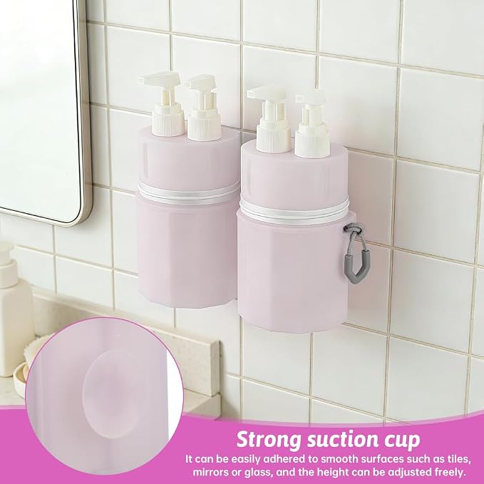 4-in-1 Travel Dispenser Bottles, Suction Cup and Adjustable Height Design, Travel Toiletry Containers with Labels and Storage Bag, Leak-Proof Compact Travel Set for Shampoo, Conditioner, Body Wash.