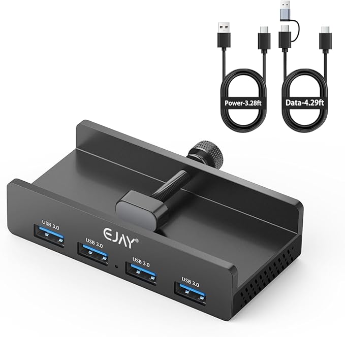EJAY 4Ports USB3.0 Splitter Alu Clamp Desktop USB HUB for Desk/Monitors Clipping with Extra Power Supply Port and 2 Long Cables(59inches Data & 39inches Power Cables)