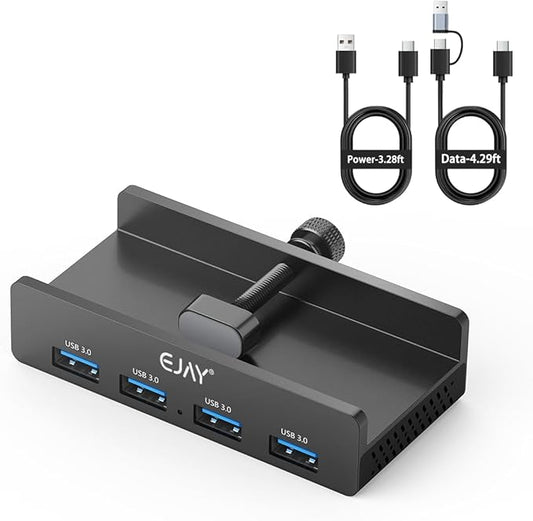 EJAY 4-Port USB 3.0 Hub with Clamp, High-Speed Data Transfer, Extra Power Supply Port, 59in Data & 39in Power Cables for Desk/Monitor