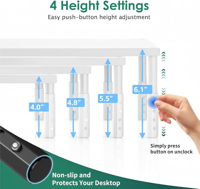 OPNICE Monitor Stand Riser for Desk, Adjustable Computer & Laptop Stand, Desk Organizer for Monitor, Laptop, PC, Printer, Office Desk Accessories for Home & Office, White Wood