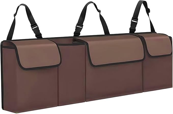 Car Trunk Organizer, Waterproof Backseat Hanging Large Storage with Adjustable Straps, Collapsible Cargo Bag with 4 Pockets, Car Interior Accessories for Truck, SUV, MPV (Brown)