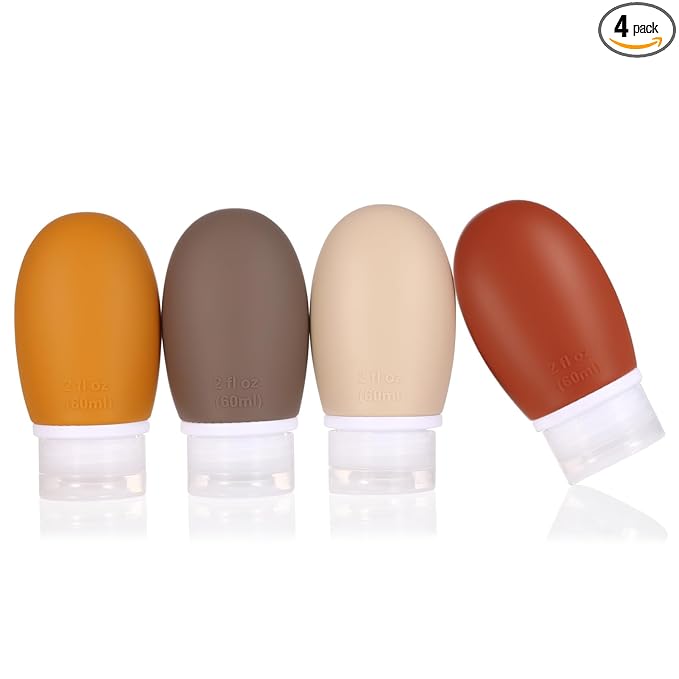 Leak Proof Silicone Travel Bottles,4 Pack 2oz Liquid Squeezable Refillable Portable Accessories/Cosmetic Containers,BPA Free,Travel Size Bottles for Toiletries Shampoo Conditioner Lotion(Brown)