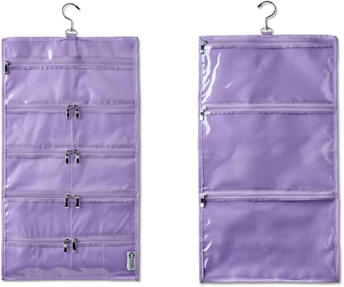 On-The-Go Organizer, 14 Clear Vinyl Pockets, Hanging Travel Case for Makeup and Accessories, 13.5 x 24 inches (Lilac, Large)
