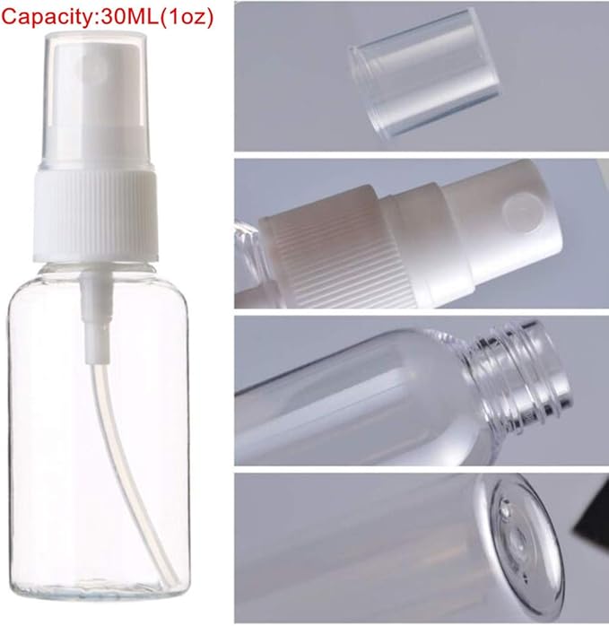 SINIDE Spray Bottles 30 ml/1 oz, 4 Pack Clear Empty Fine Mist Plastic Mini Travel Bottle Set, Portable Refillable Makeup Sprayer Containers for Perfume, Liquids, Aromatherapy, Small Size