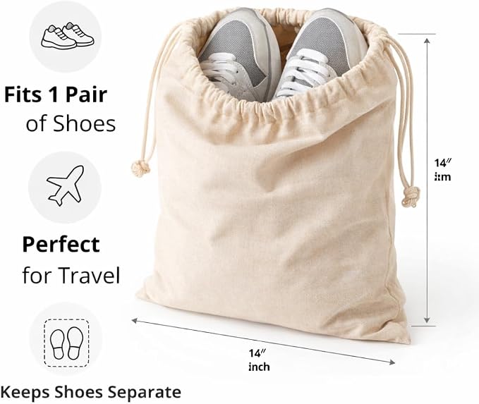 Cotton Shoe Bags with Drawstring | Dustproof, Washable Travel Shoe Pouch | Natural Canvas Organizer for Men & Women | Fits Sneakers, Sandals, Slippers | 14” x 17” (Pack of 2)