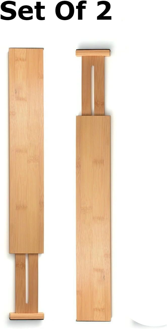 Adjustable Bamboo Drawer Divider Organizers - Fits Large Drawers Sized 17.5" Upto 22"- Expandable Kitchen Drawer Organizer Separators for Utensils, Dresser, Clothes, Bedroom, Bathroom 2-Pack, Natural