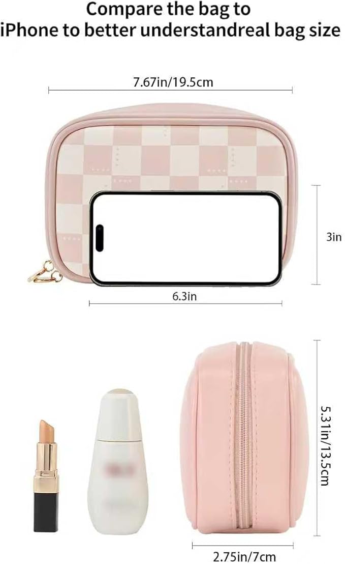 RIGHT AWAY Checkered Makeup Bag for Purse,Small Cosmetic Bag Organizer for Women, Travel Make Up Pouch Waterproof Toiletry Bag Cute Makeup Case for Travel Accessories(Pink Checkerboard)