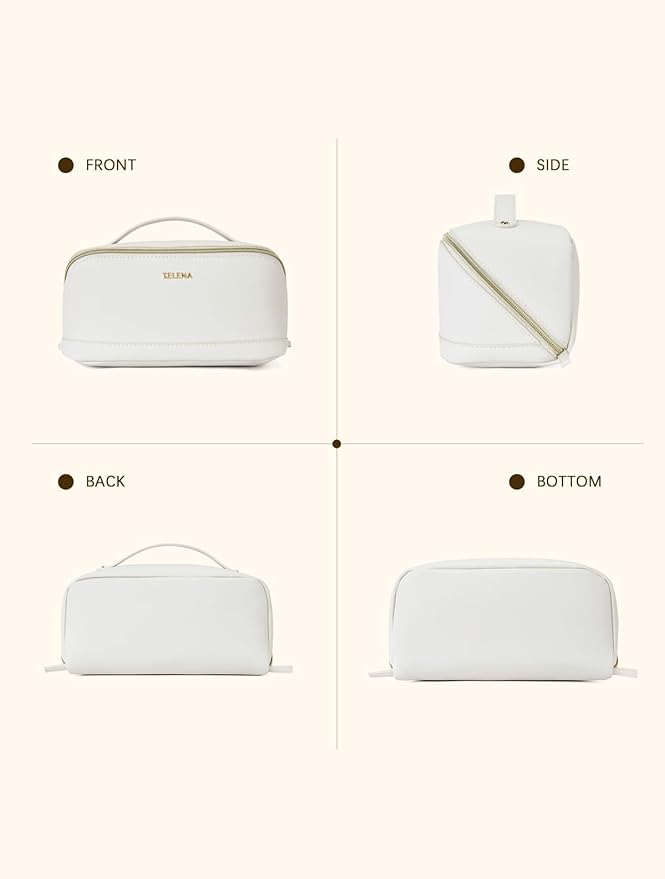 Telena Leather Make Up Bag Portable Travel Makeup Bag Waterproof Cosmetic Bags for Women Large Capacity With Handle and Divider Open Lay Flat