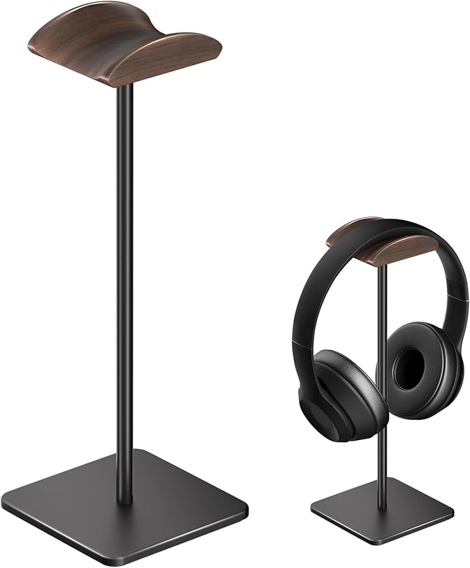 Headphone Stand for Desk - Headset Stand with Aluminum Hanger and Wooden Support, Headphone Holder for AirPods Max, Sony, Bose, Beats and More (Black)