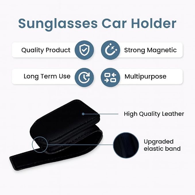 Sunglass Holder for Car Visor Clip Pack 2 - Car Sunglass Holder - Magnetic Leather Sunglasses Holder - Eyeglass Holder for Car Visor - Visor Sunglasses Holder Clip (Black)