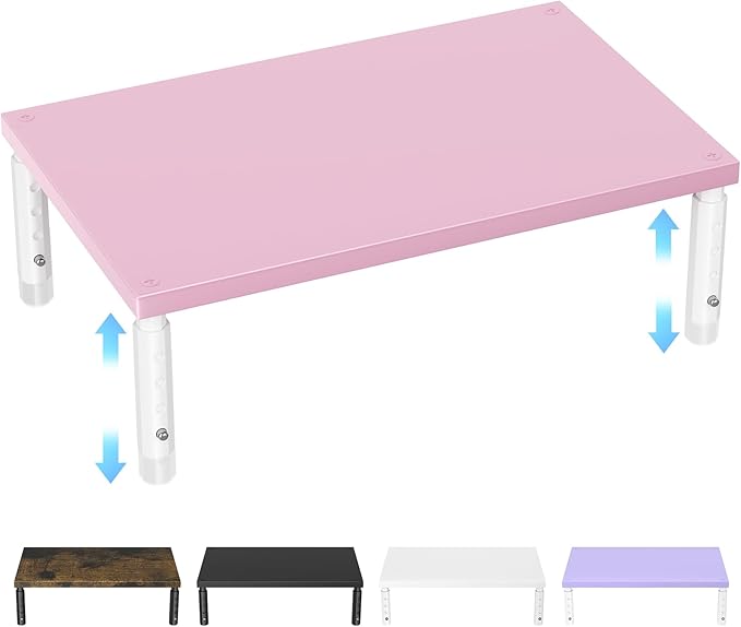 ECOLOVI 4-Height Adjustable Wood Computer Monitor Stand Riser, Desktop PC Printer Laptop Stand for Desk Organizer and Accessories, Office Desk Decor & Accessories for Women, Pink