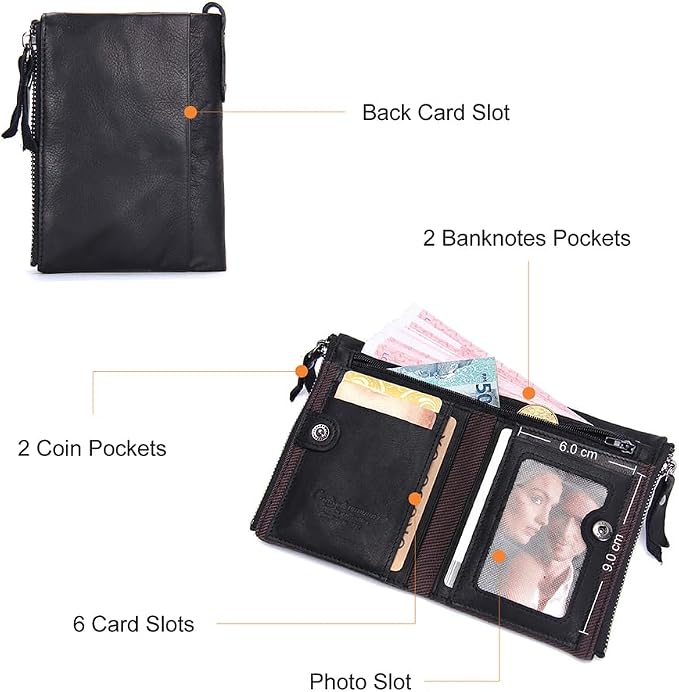 CONTACTS Soft Leather Wallet for Women and Men Small Bifold Coin Purse Double Zipper Card Holder with RFID Blocking (Black)