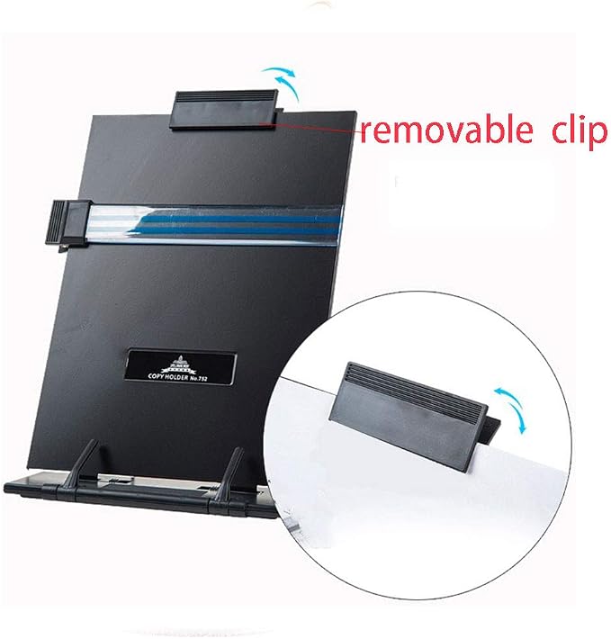 Desktop Document Holder with Adjustable Clip and Line Guide, Portable Document Book Holder - Copy Holder for Letter, Legal A4 Documents, Black
