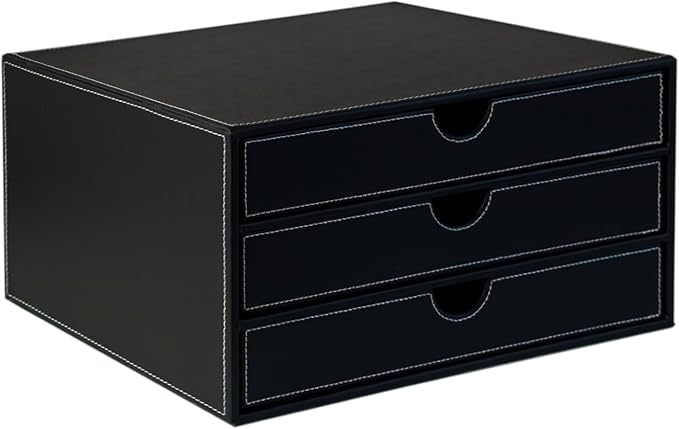 UnionBasic Document Organizer, 3-Drawer File Cabinet Document Storage Box, Office Desktop Filing Organizer, Black with White Stitching