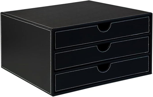 UnionBasic Document Organizer, 3-Drawer File Cabinet Document Storage Box, Office Desktop Filing Organizer, Black with White Stitching