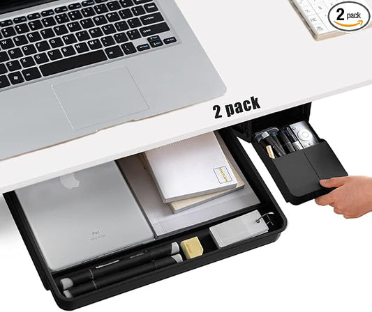 Under Desk Drawer Storage Organizer - 2 Pack (Large and Small) Black - (Please Note - Drawer Size/No Lip Under Desktop) - 2 Installation Methods (Screw or Adhesive)