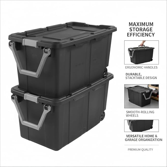 40 Gallon Heavy-Duty Rolling Storage Bins 2-Pack, Dark Gray Industrial Plastic with Pivot Handle, Leakproof Lid & Latches, for Garage Warehouse Equipment Transport & Storage
