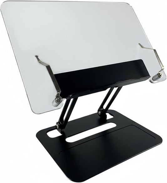 Adjustable Desktop Book Stand, Aluminum Reading Document Holder with Foldable Base, Book Holder, Foldable Desktop Riser for Laptop, Recipe, Textbook (Black)