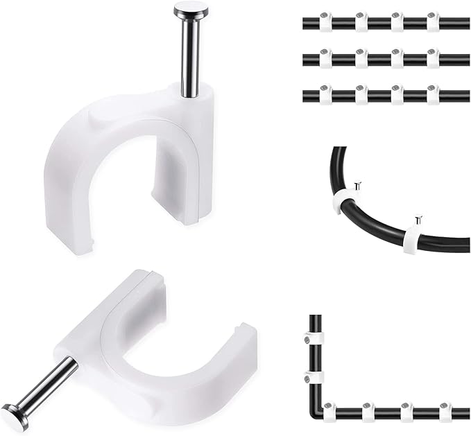 Abnii Cable Clips, 100 Pcs, 8mm, Wire Wall Clips with Steel Nails, Cable Management Organizer Clips, Cable Tacks Coax Holder Clips, RG6 RG59 CAT6 RJ45 Cable Cord Clips, White