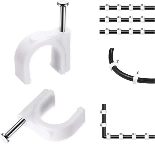Abnii Cable Clips, 100 Pcs, 8mm, Wire Wall Clips with Steel Nails, Cable Management Organizer Clips, Cable Tacks Coax Holder Clips, RG6 RG59 CAT6 RJ45 Cable Cord Clips, White