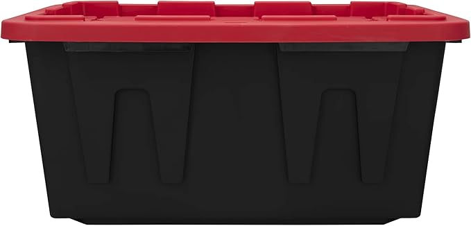 (Pack of 4) 27-Gallon Heavy Duty Plastic Storage Container Bin with Secure Snap Lid, Black and Red, Large Capacity Tote for Organization