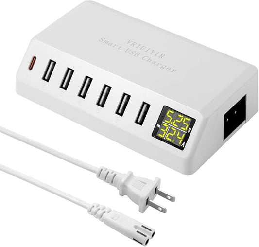 USB Charging Station, 60W/12A 7-Port USB Charger Station with LED Display for Multiple Devices PD20W USB C Charger for All iPad iPhone14/13/12 Pixel Galaxy Tablet Headphones and More (White)