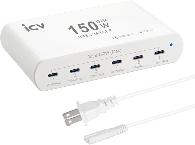 icv 150W PD Fast USB C Charging Station for Multiple Devices, 6-Port GaN 100W Type C Laptop Fast Charger Multiport USB Charging Station for MacBook, iPhone, Samsung, Galaxy, iPad, Android, White