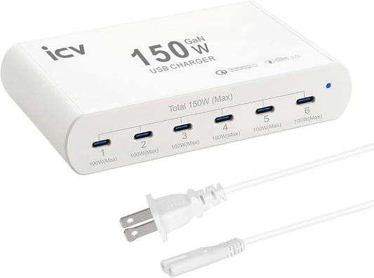 icv 150W PD Fast USB C Charging Station for Multiple Devices, 6-Port GaN 100W Type C Laptop Fast Charger Multiport USB Charging Station for MacBook, iPhone, Samsung, Galaxy, iPad, Android, White