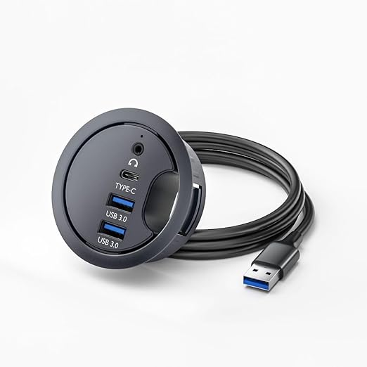 ChenYang USB 3.0 Flush Mount Desktop HUB,2 USB 3.0 Port/1 USB C Port HUB Grommet Hole 2.36"(60mm) with 3.5mm Audio Port
