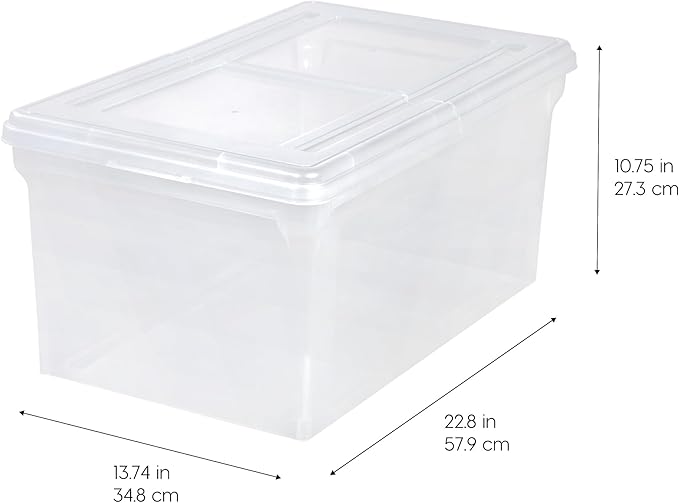 IRIS USA File Box, File Organizer w/Hinged Split Lid for Letter File, Important Document Box, Plastic Storage Filing Bin for Moving, Stackable Nestable Portable, Clear 44 Qt. 5 Pack