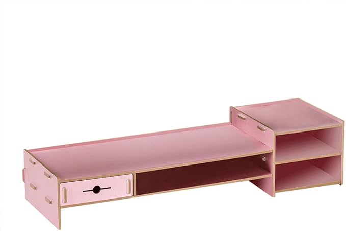 Alvinlite Monitor Stand Riser with 2 Tier Shelf, Desktop Organizer Desk Monitor Stand with Drawer for Screen, Laptop, Printer, Bookshelf for Home & Office, 18.7 Inch Wood Shelf, Pink