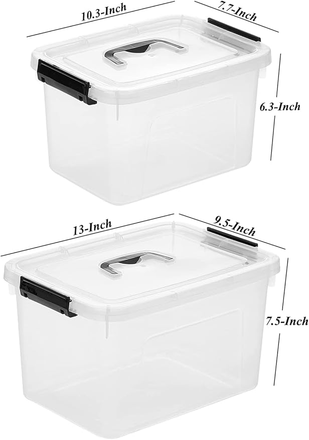 Clear Storage Latch Box/Bin, 2-Pack Plastic Organizing Container with Handle and Lids (7 QT/16QT)
