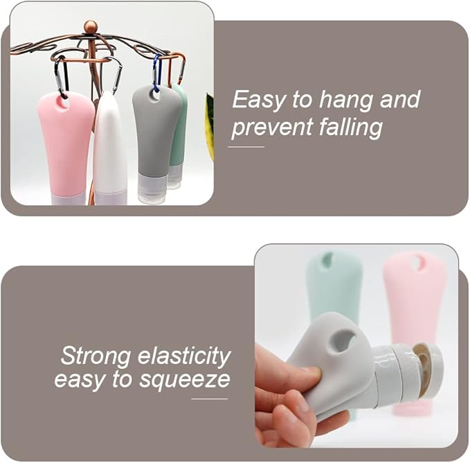 4 Pcs 60ml Leakproof Silicone Travel Bottle Portable Travel Containers Set Refillable Squeezable Container with 4 Hook Carabiner for Travel Toiletries