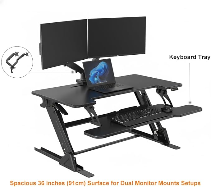 Standing Desk Converter 36 x 24 Inches - Height Adjustable Sit to Stand Riser with Keyboard Tray, Ergonomic Workstation for Home Office, Black