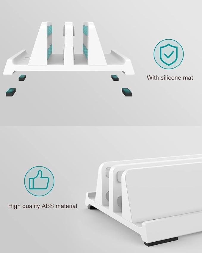 Vertical Laptop Stand for Desk, Dual Slots Plastic Laptop Holder with Space Saving 4-in-1 Design, Adjustable Laptop Stand Supports MacBook, Chromebook, Surface, Dell (White)
