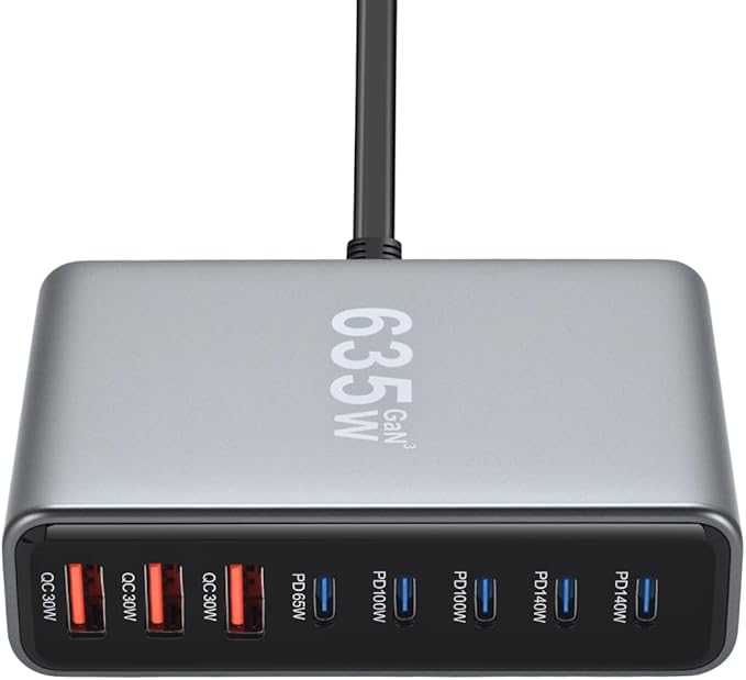 635W GaN Super Fast Charging Station for Multiple Devices,8 Port USB C Charger Stations for iPhone,iPad,MacBook,Tablet,Android Cell Phone,Type C 200w Desktop Multi-Device Charging Hub Block