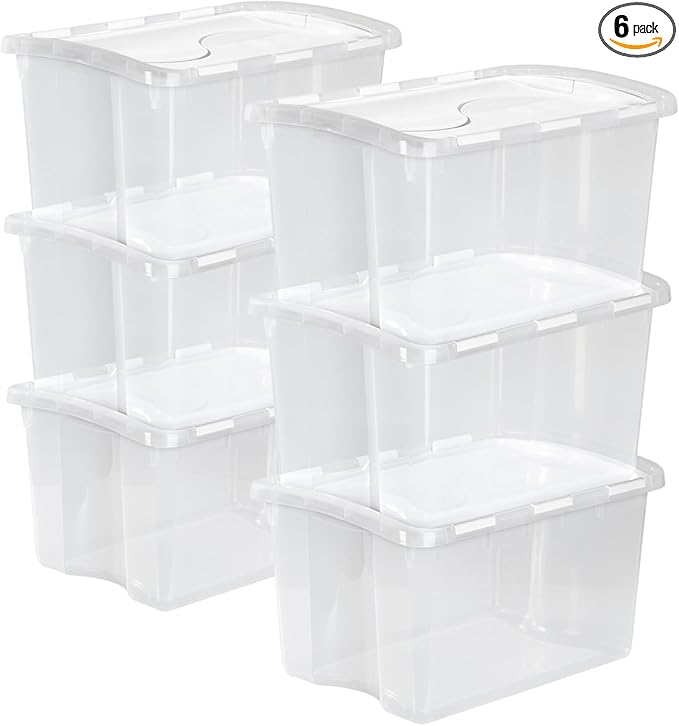 Sterilite 6-Pack Stackable Storage Bin with Lid, Clear Plastic Design, 48 Quart