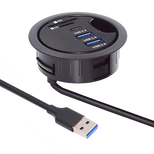 Cablecc 2 Port USB 3.0 Hub SD TF USB-C USB Splitter 60mm Desk Grommet Dock Station Micro-SD Card Reader for Desktop PC(USB3.0+USB-C+SD/TF)