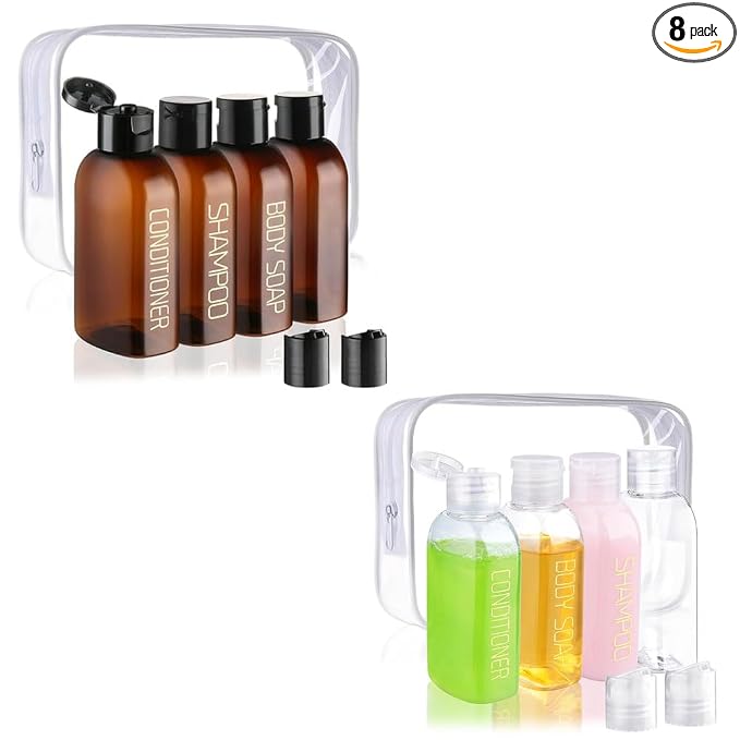 Cosywell Travel Bottles for Toiletries 8pcs 3.4oz Pre-print Travel Shampoo and Conditioner Bottles TSA Approved Travel Size Containers Leak Proof Small Plastic Squeeze Bottles with Flip Cap