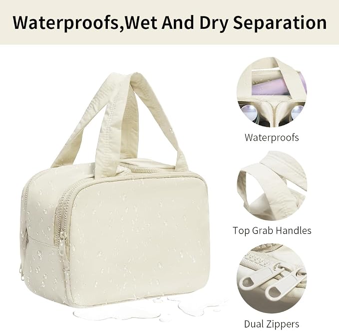 Puffer Travel Toiletry Bag – Large Capacity 11.8”L Makeup Organizer, 4 Compartments, Waterproof Wet/Dry Separation, Ultra-Light Taslan Fabric – Ideal for Business Trips, Gym, Family Vacation, Camping