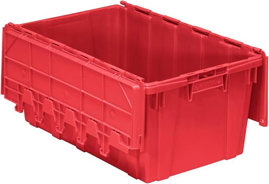 Buckhorn AR2717120202000 Industrial Plastic Stackable Storage Tote Container with Hinged Attached Lid, 27-Inch L x 17-Inch W x 12-Inch H, Red