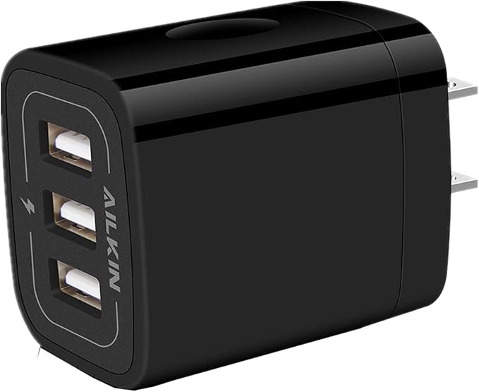Wall Charger Plug, USB Charger Cube, AILKIN 3.1A 3-Muti Port USB Adapter | Power Plug Charging Station Box Black Base for iPhone 17 16 15 14 13 12 11 Pro Max/SE, Samsung Galaxy Phones Charge Block